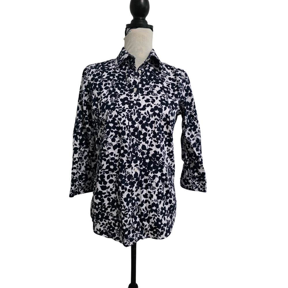 Chaps Womens Navy Blue White Floral No Iron Button Down Shirt 3/4 Sleeve Small